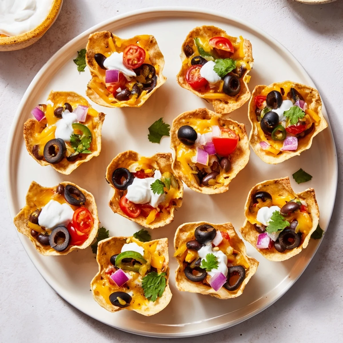 Crispy tortilla cups loaded with gooey cheese, beans, and zesty garnishes