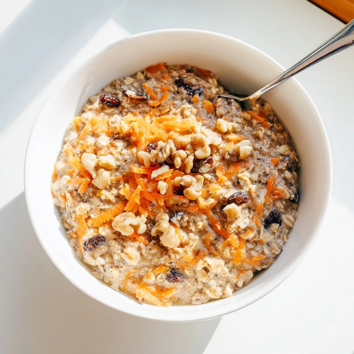 Creamy carrot cake overnight oats topped with chopped walnuts in a glass jar