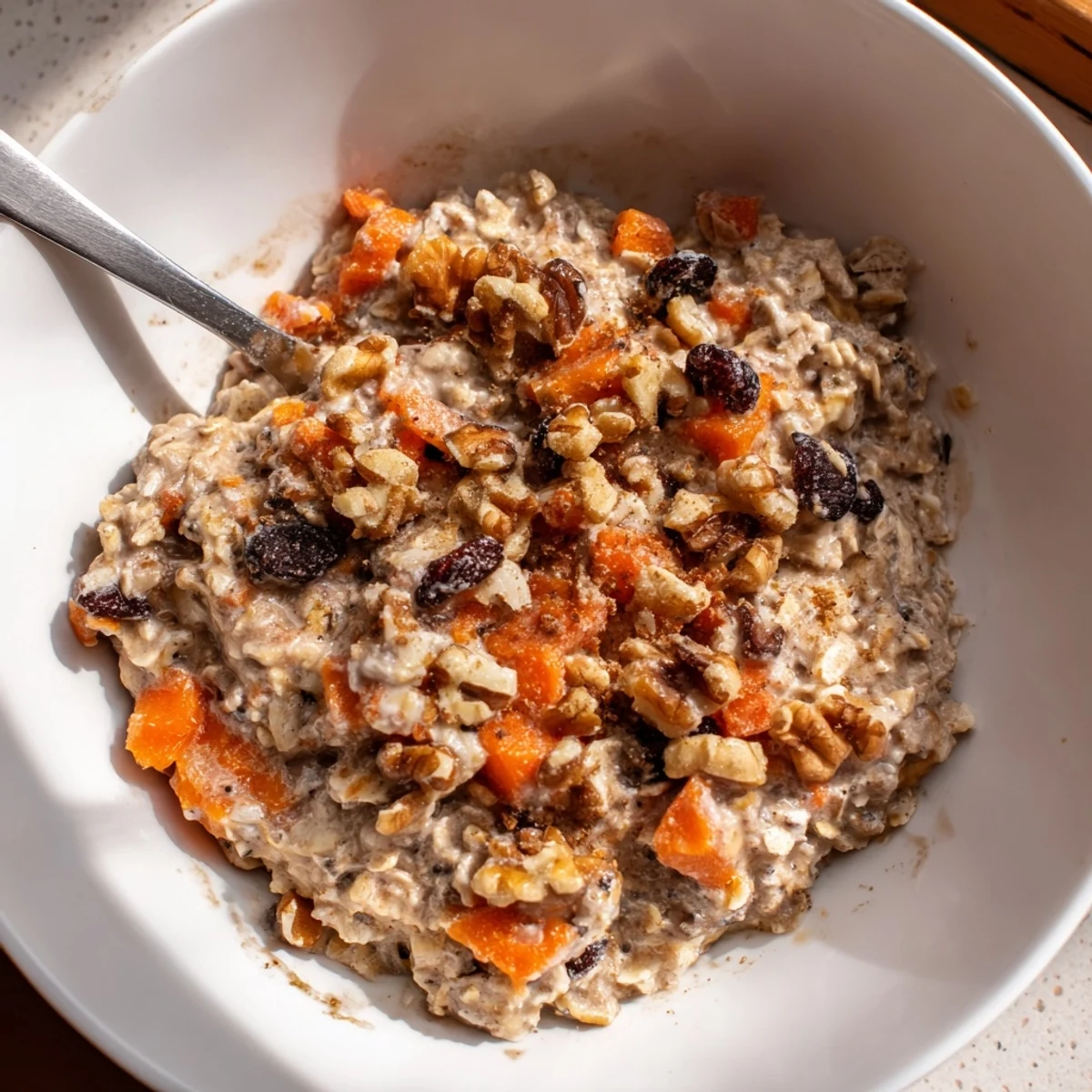 Carrot cake overnight oats with grated carrots, raisins, and a cinnamon sprinkle