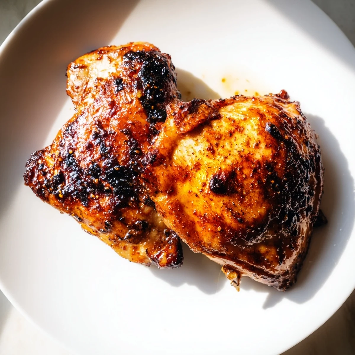 Juicy bone-in chicken thighs with caramelized killer chicken thigh marinade served on a white platter