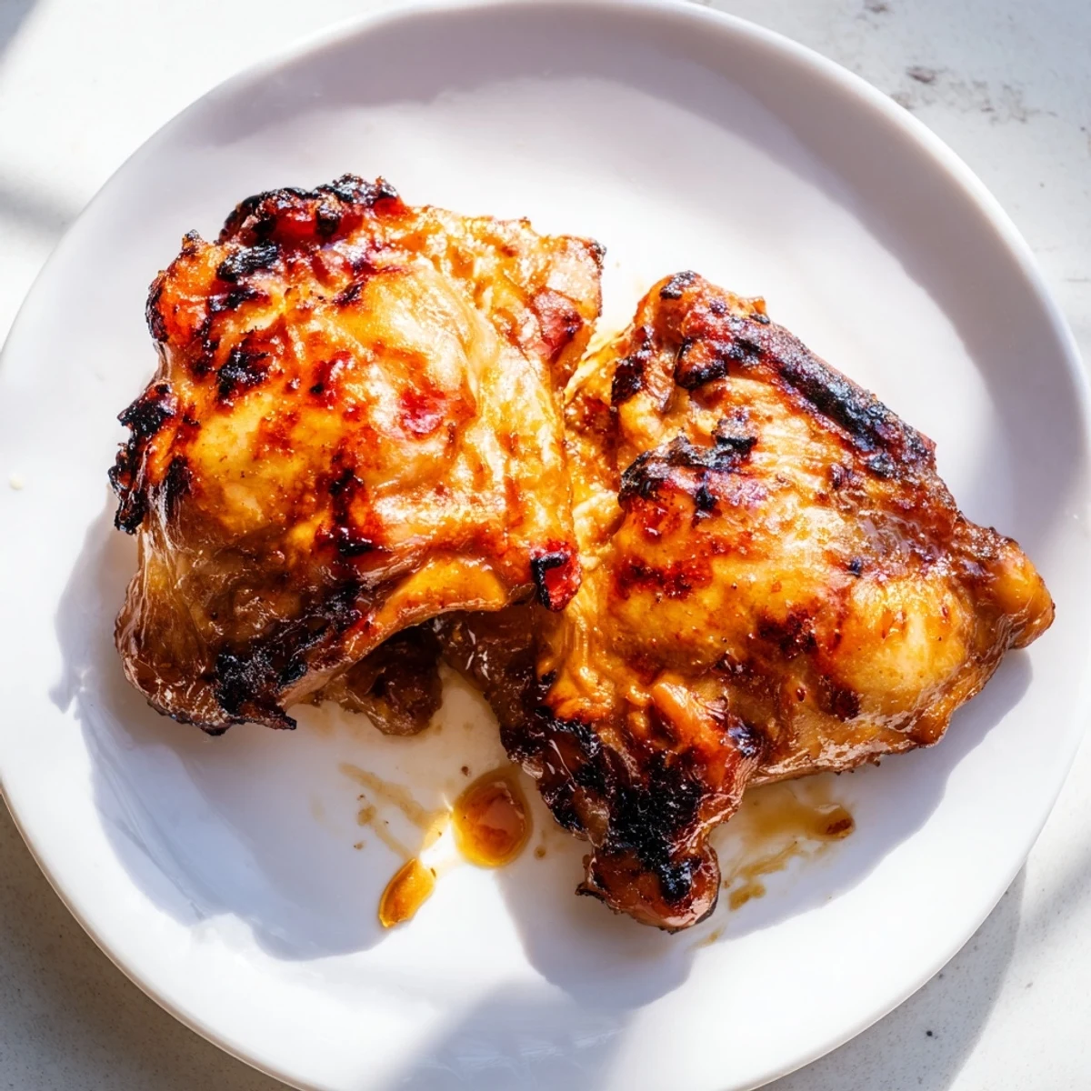 Golden crispy chicken thighs glazed with killer chicken thigh marinade fresh off the grill