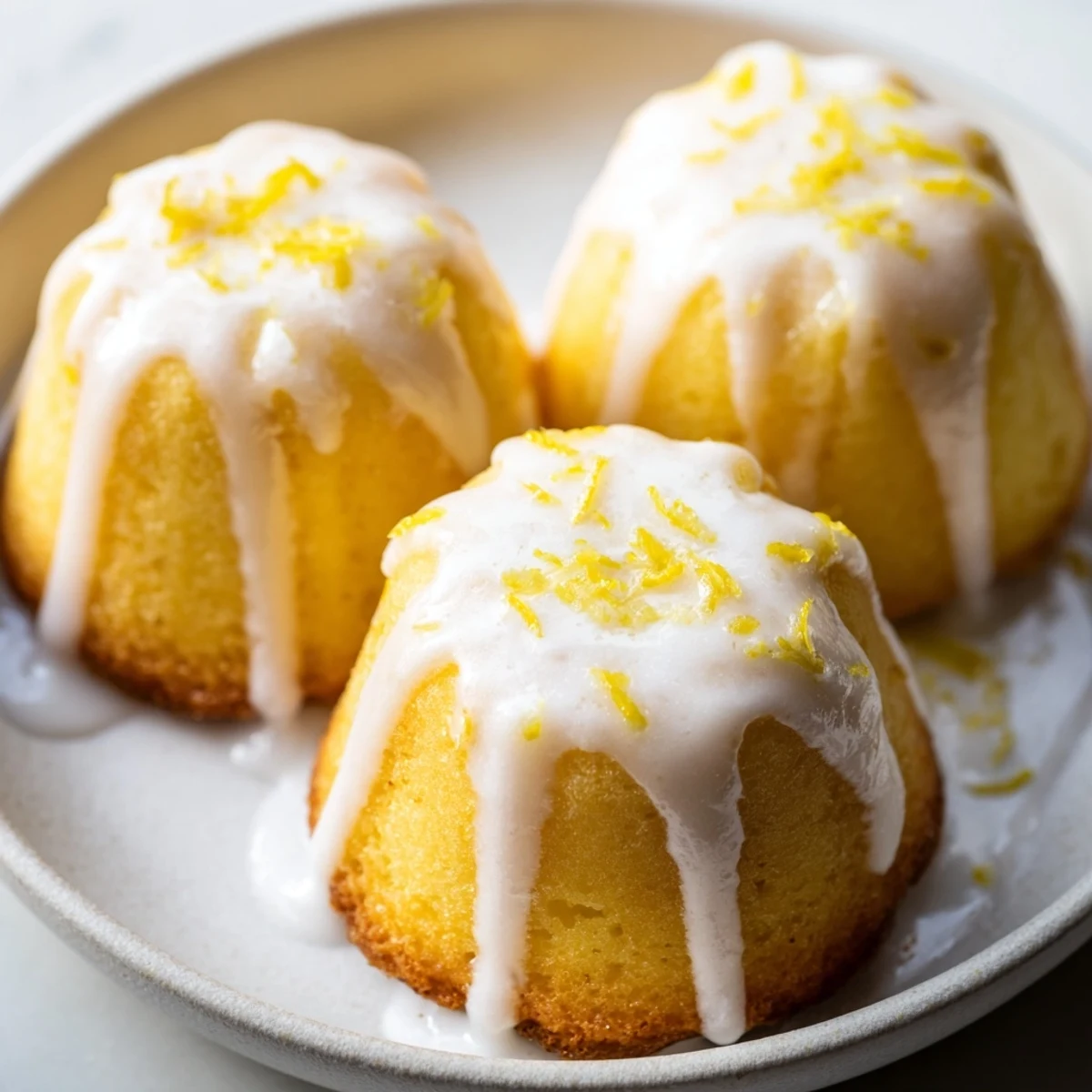 Golden mini lemon cakes drizzled with sweet citrus glaze on a white serving plate