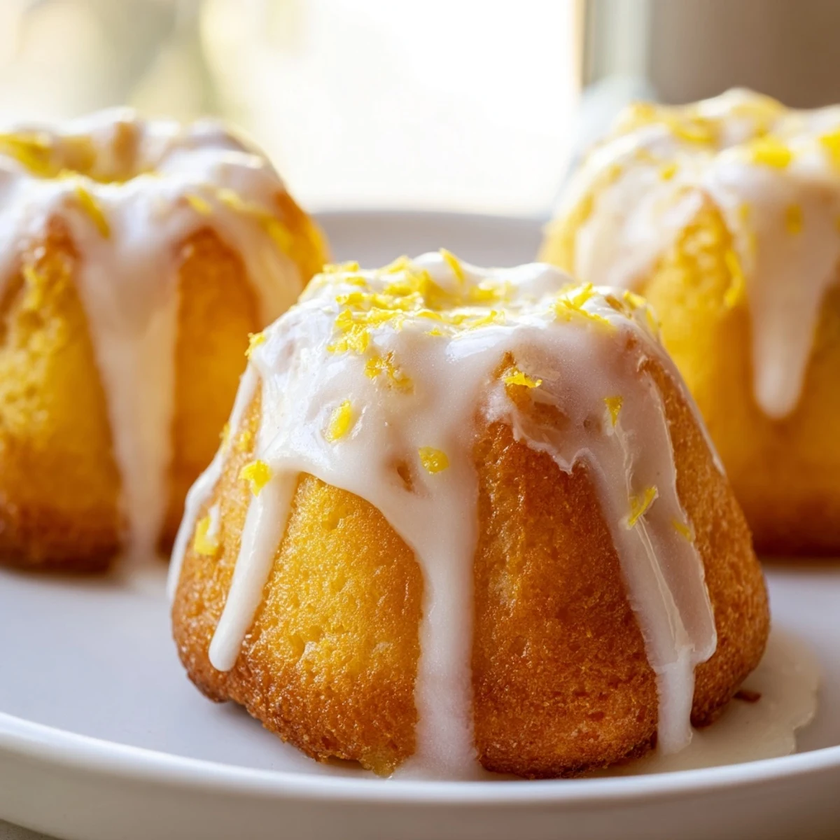 Moist mini lemon cakes topped with powdered sugar glaze arranged for teatime dessert