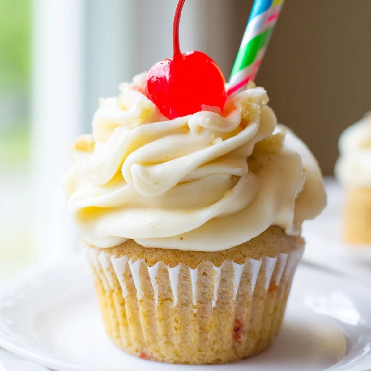 Moist banana milkshake cupcakes topped with creamy swirled frosting and bright red cherries