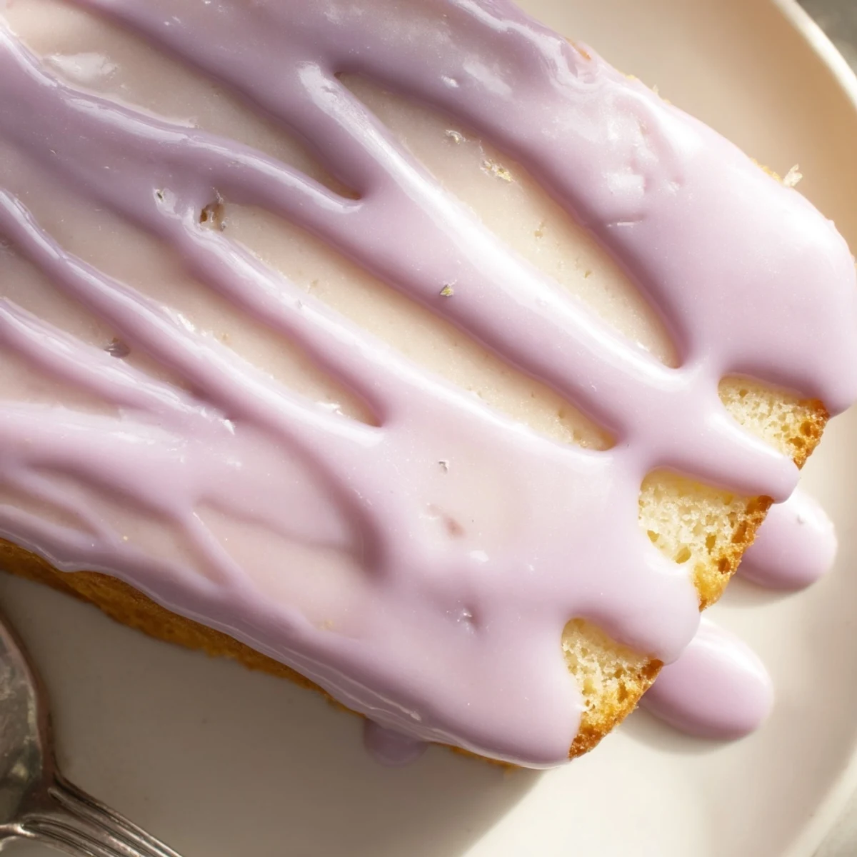 Creamy lavender glaze dripping down a golden pound cake slice