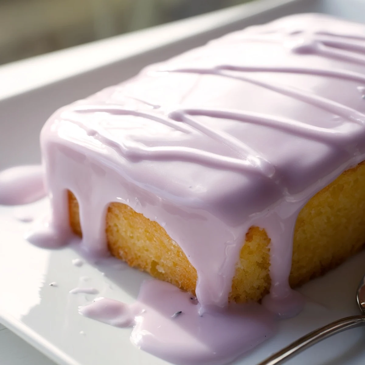 Glossy lavender glaze cascading over freshly baked vanilla scones