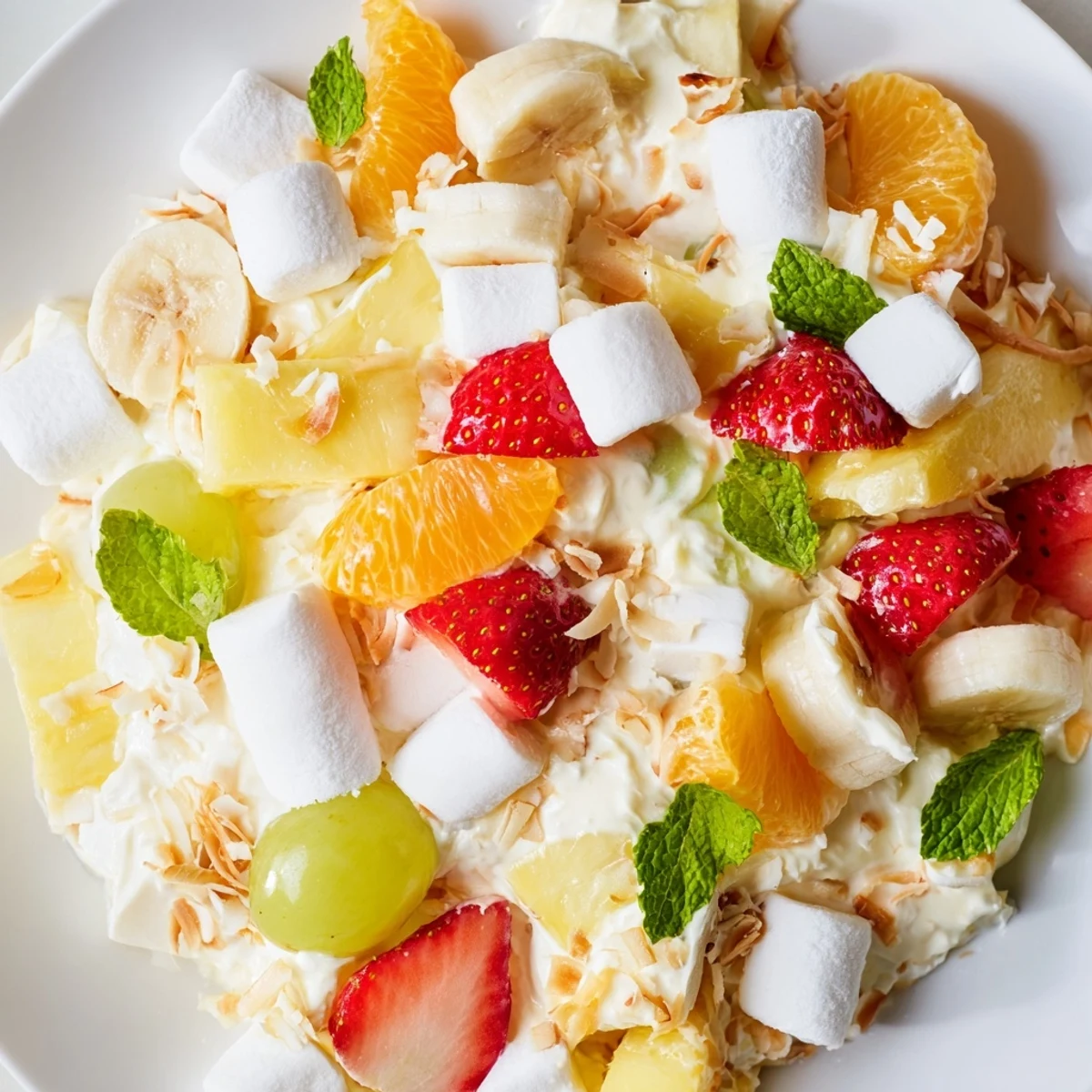 Creamy Hawaiian cheesecake salad in a glass bowl topped with toasted coconut flakes