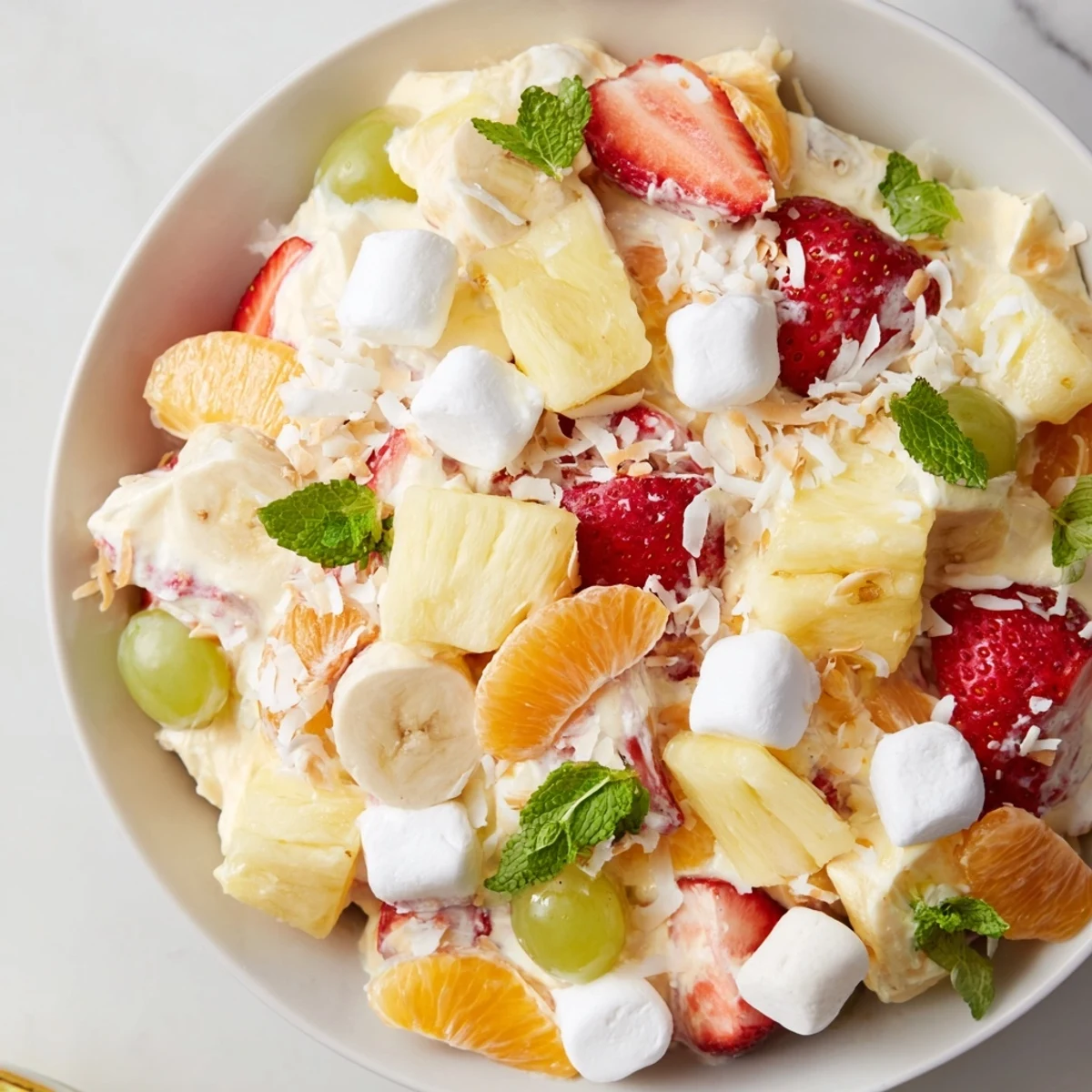 Fresh strawberries and pineapple chunks coated in fluffy Hawaiian cheesecake salad dressing