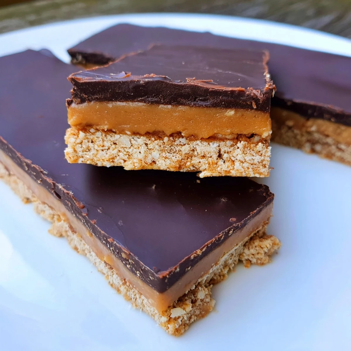 Golden Healthy Twix Bars with glossy chocolate topping and thick date caramel layer