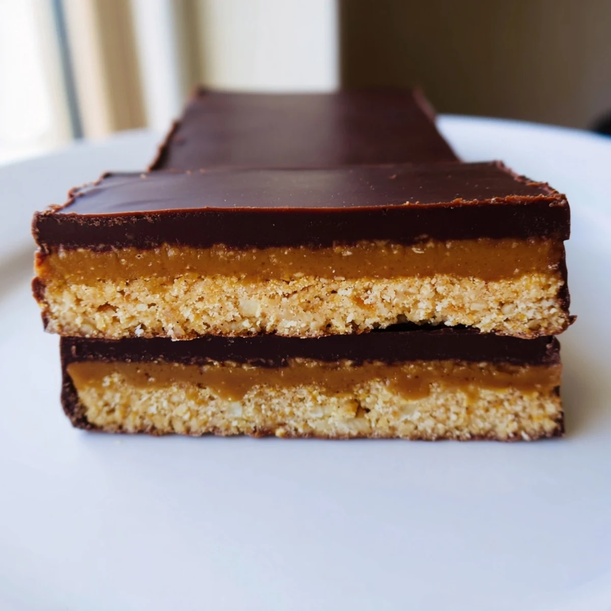 Silky caramel and dark chocolate coat these no-bake Healthy Twix Bars perfectly