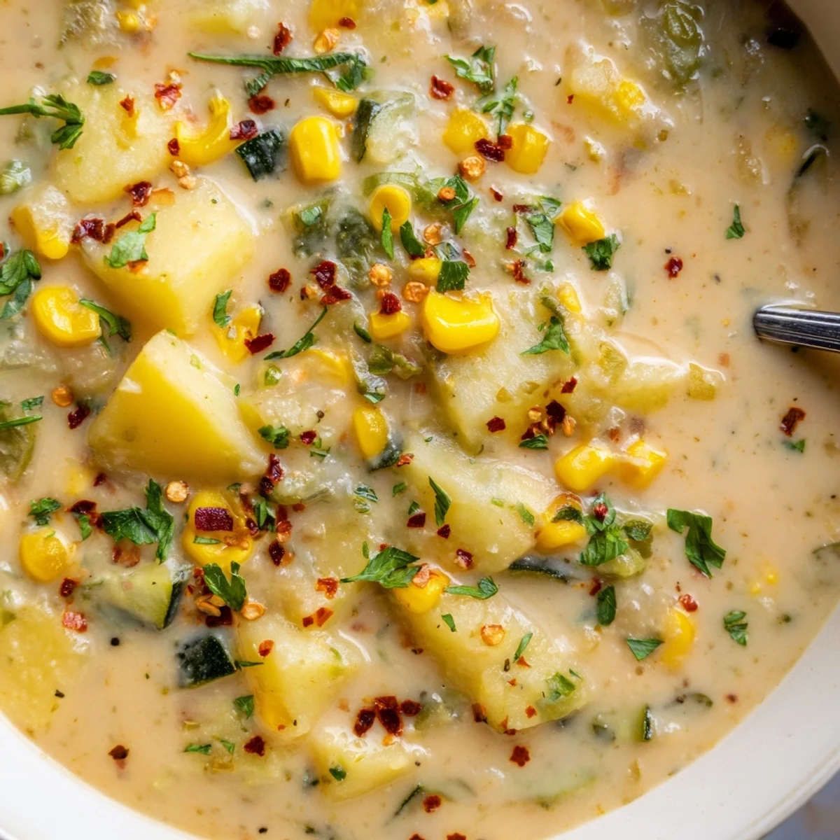 Steaming bowl of hearty potato corn zucchini soup topped with fresh parsley garnish