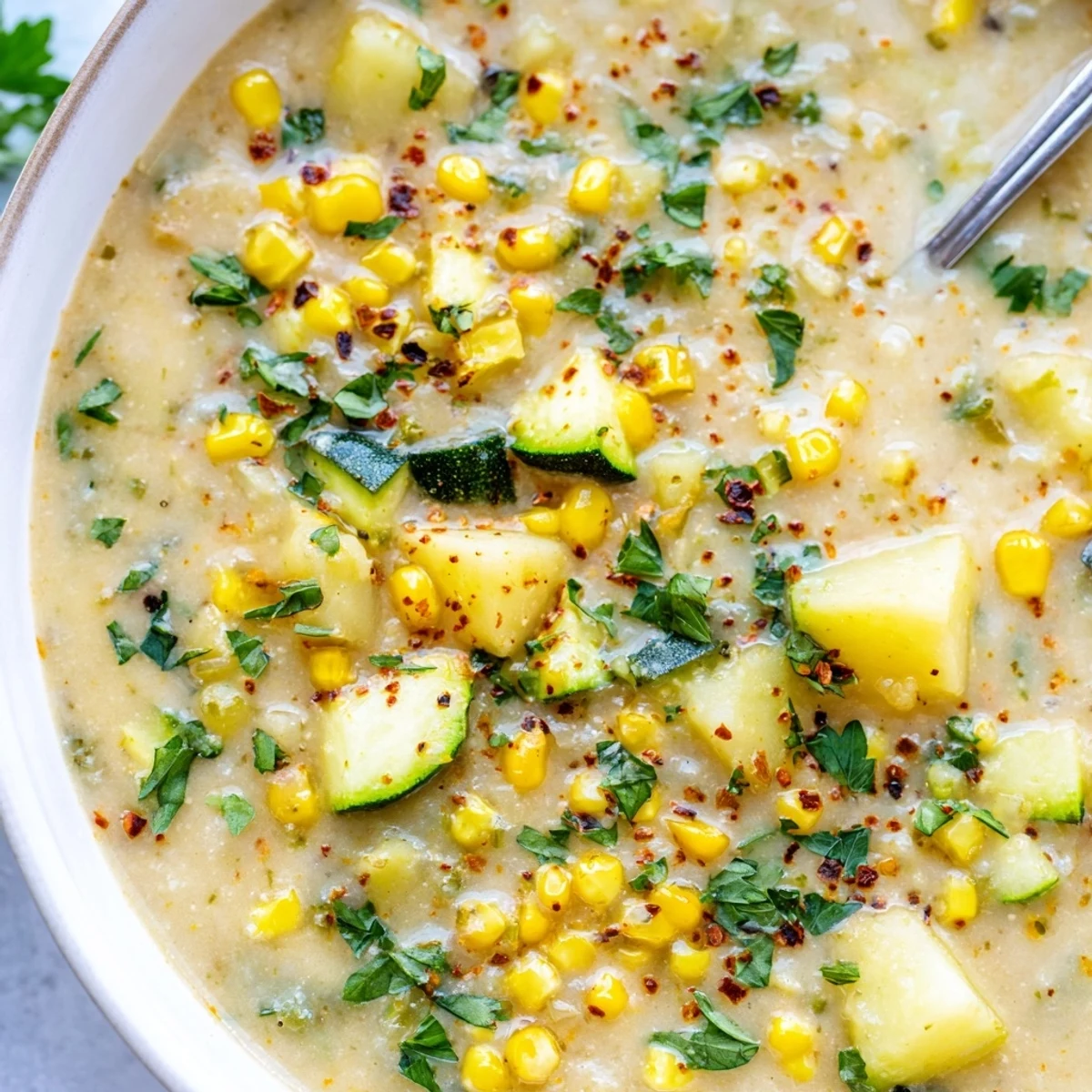 Creamy hearty potato corn zucchini soup with tender vegetables in a white ceramic bowl