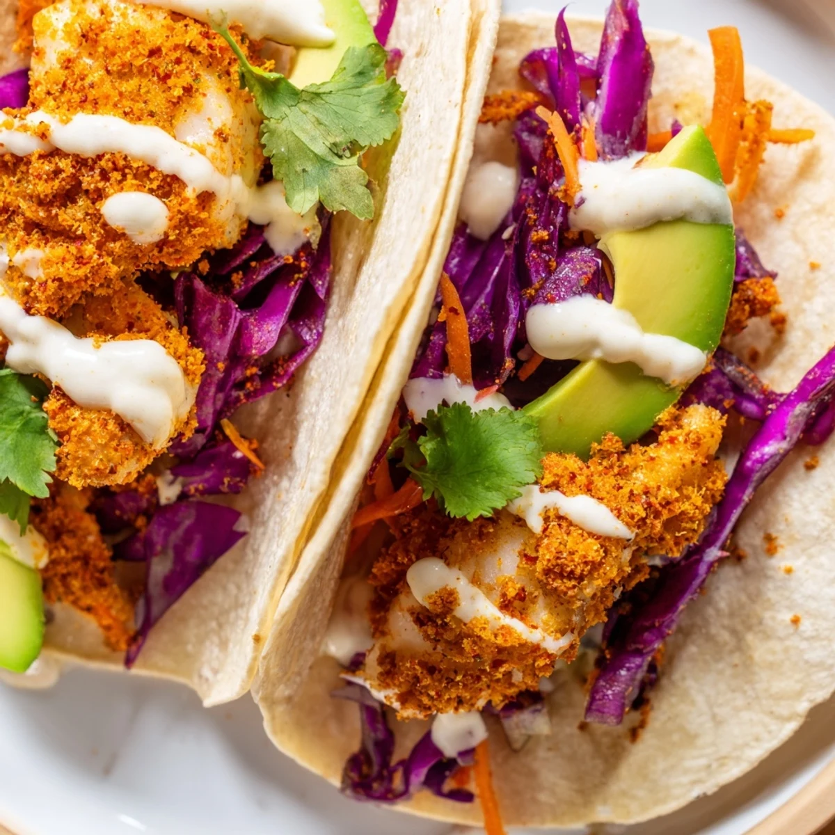Crispy spiced tilapia fish tacos topped with vibrant slaw and drizzled with zesty lime crema