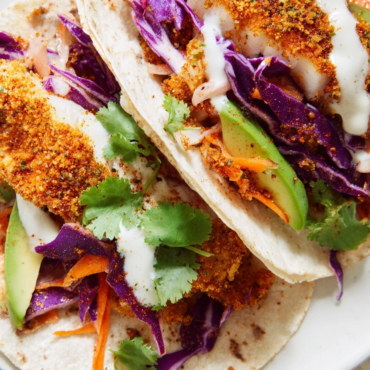 Golden tilapia fish tacos in warm tortillas with fresh cabbage slaw and creamy avocado slices