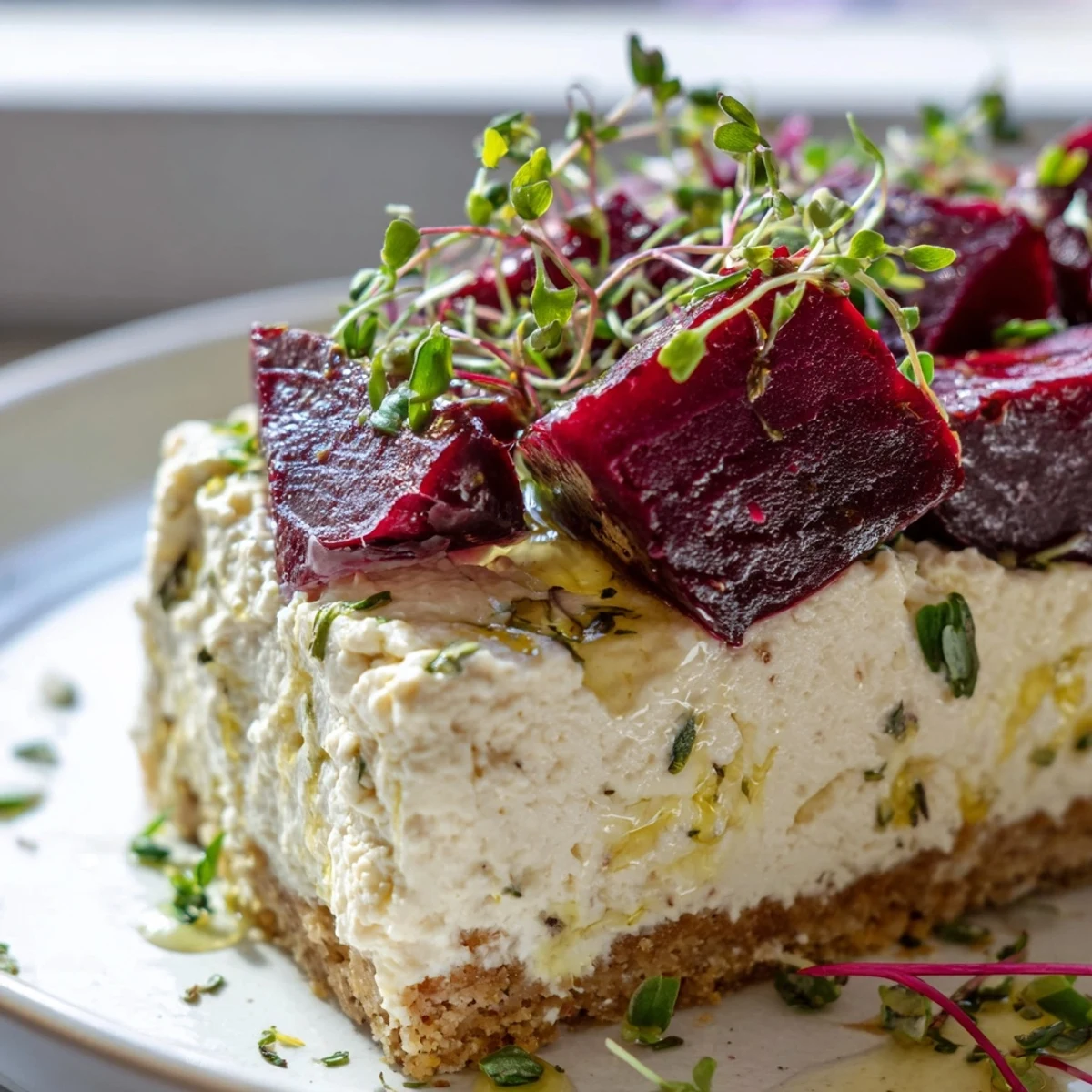 Creamy savoury cheesecake topped with golden roasted beetroot wedges and fresh herbs