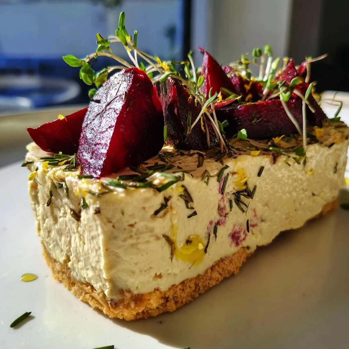 A rich slice of savoury cheesecake with caramelized beetroot, microgreens, and olive oil drizzle