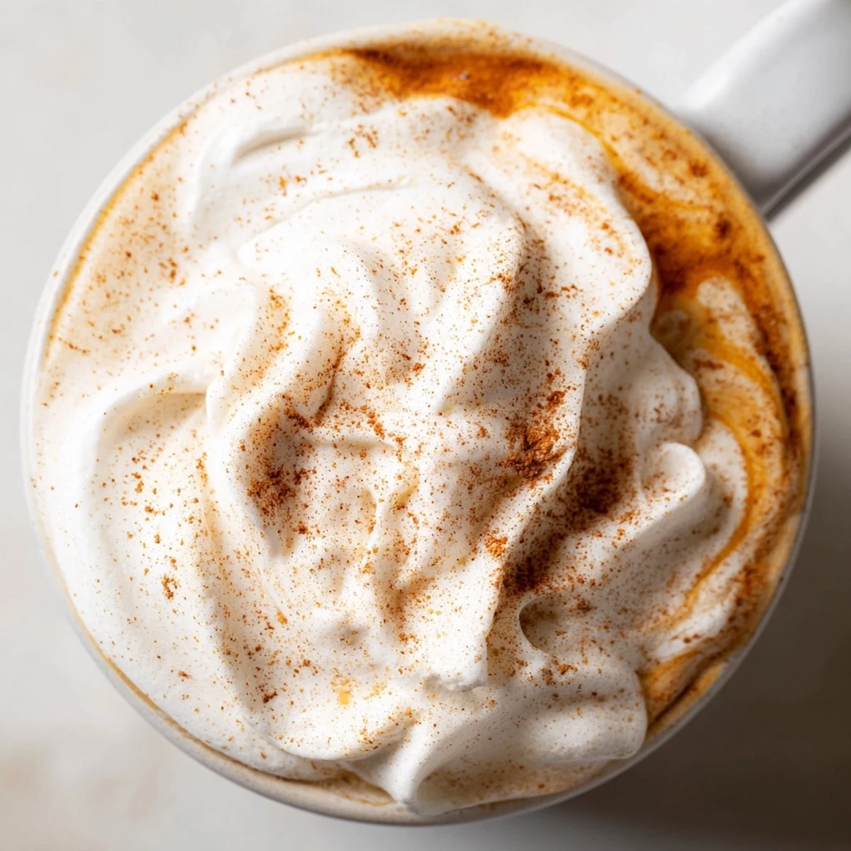 Creamy homemade pumpkin spice latte topped with whipped cream and cinnamon dust