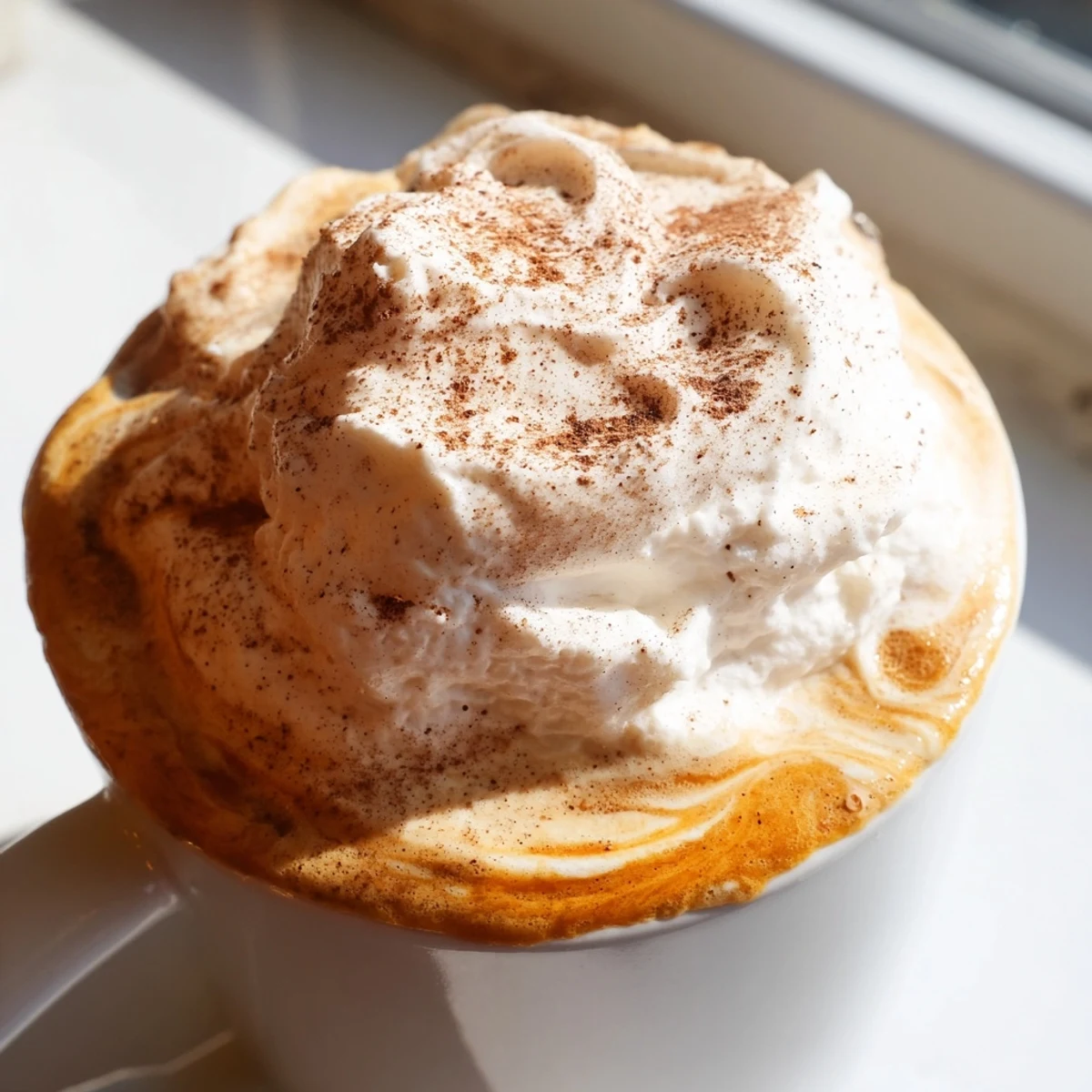 Steaming mug of homemade pumpkin spice latte with frothy milk and autumn spices