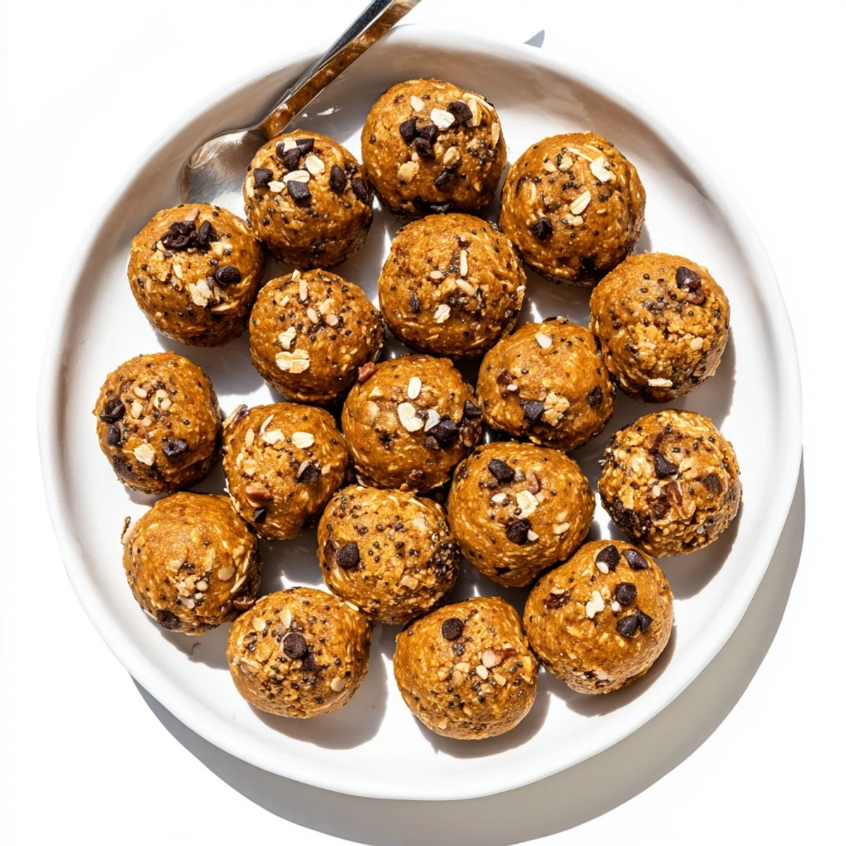 Golden no bake pumpkin protein balls coated in oats on a rustic parchment tray