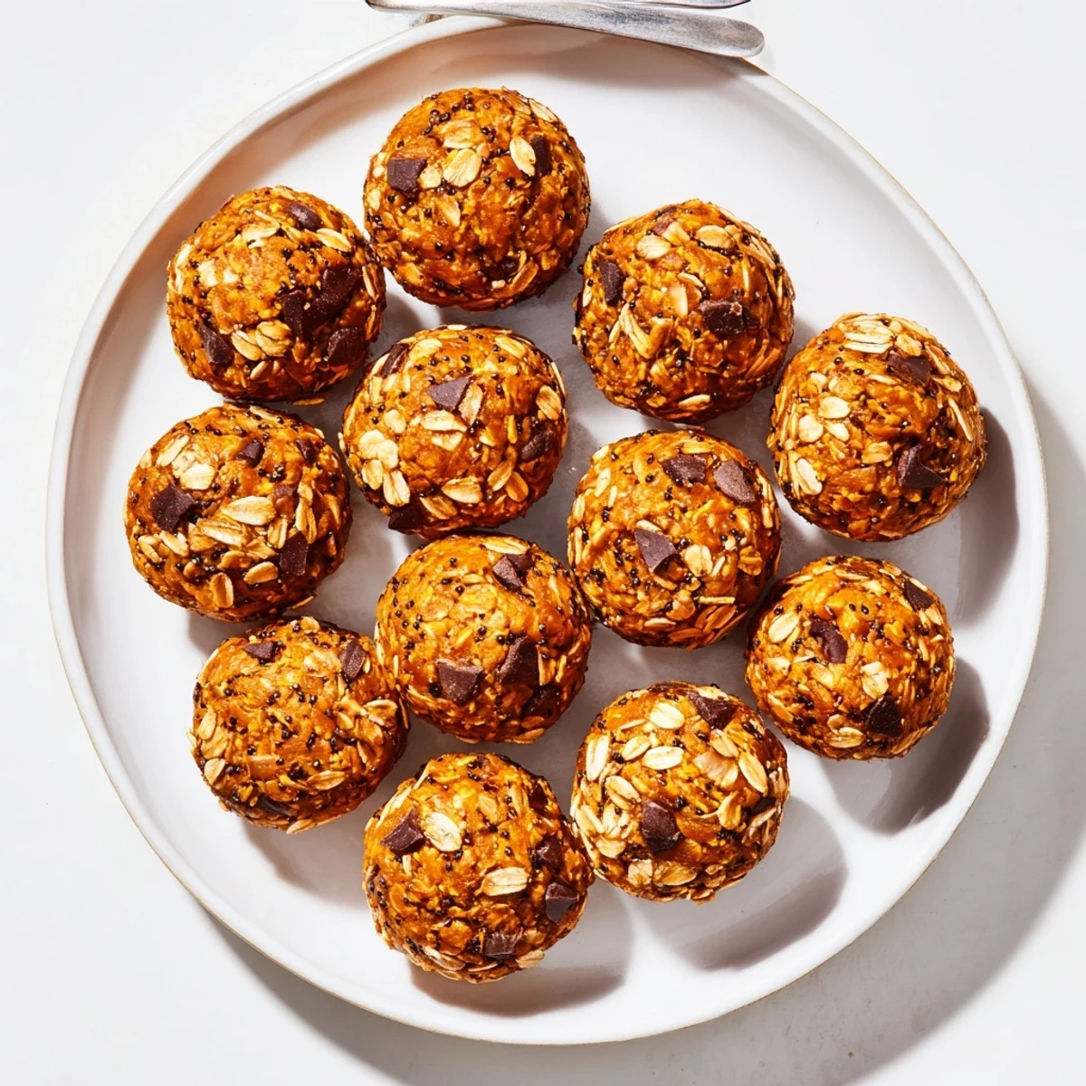 A plate of no bake pumpkin protein balls dusted with cinnamon ready for snacking