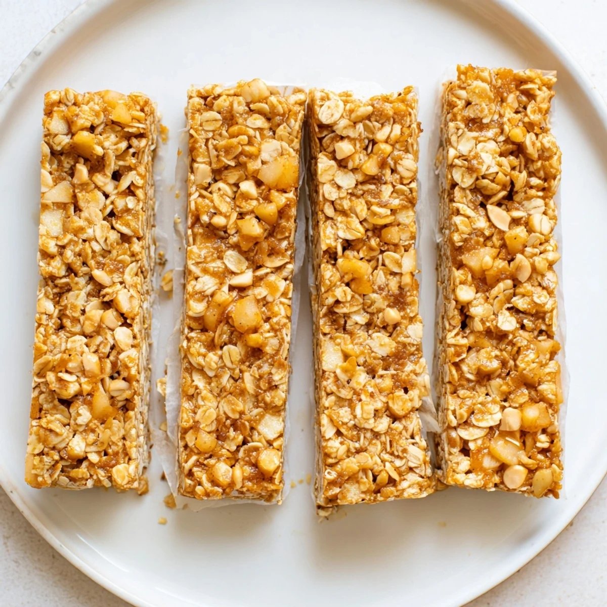Chewy no bake apple peanut butter granola bars topped with visible oats and dried apple pieces