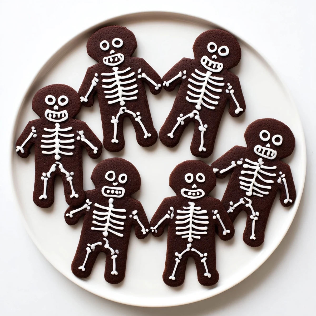 Crisp chocolate cinnamon skeleton cookies with white icing bones on a parchment-lined baking sheet