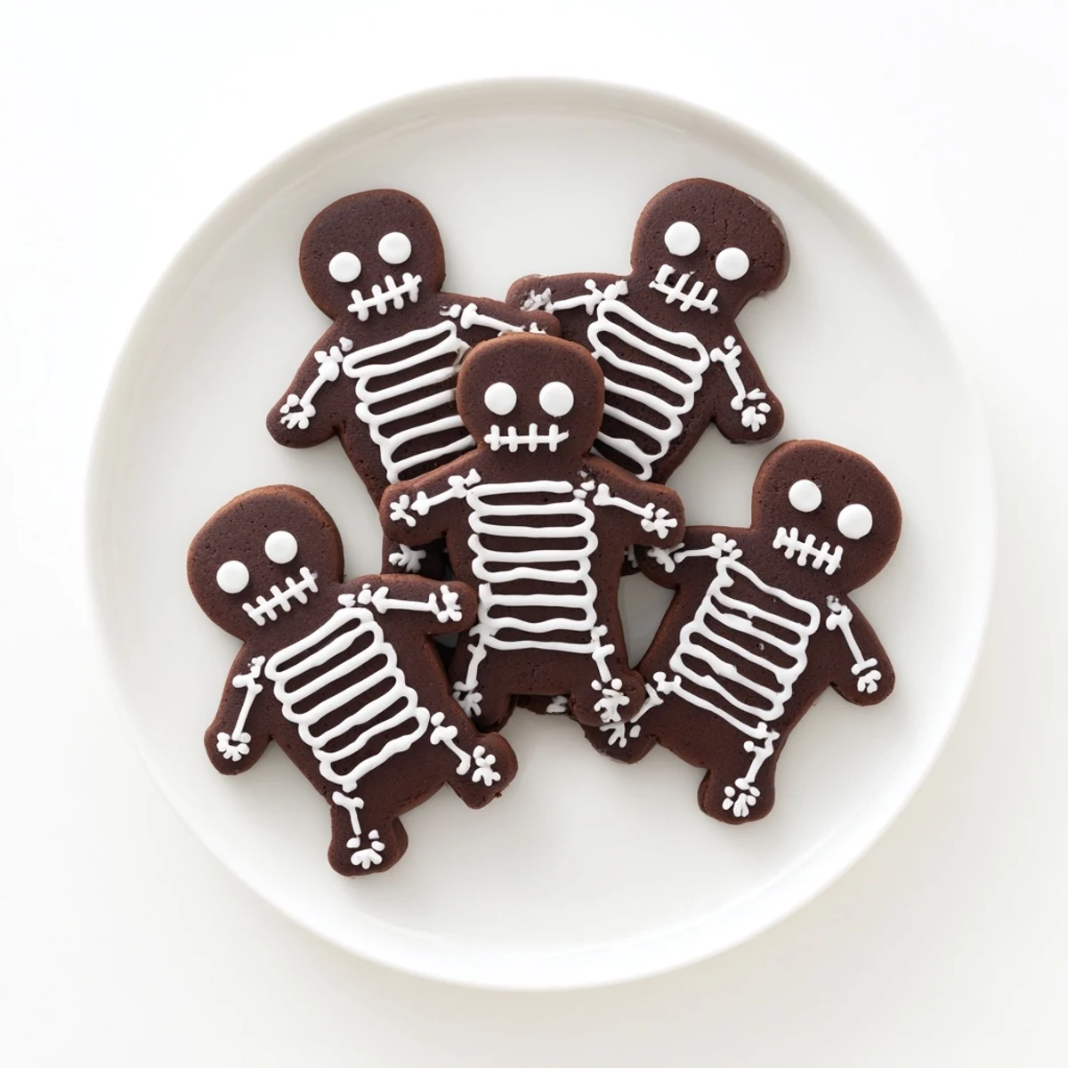 Dark cocoa chocolate cinnamon skeleton cookies decorated with intricate royal icing skeletal designs