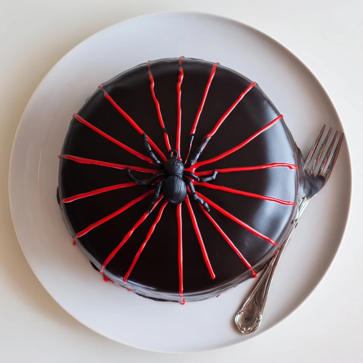 Dark Hidden Horror Black Widow Cake with glossy black ganache and oozing red cherry compote center