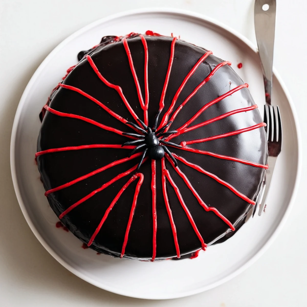 Spooky Hidden Horror Black Widow Cake sliced open revealing a rich, blood-red cherry filling inside