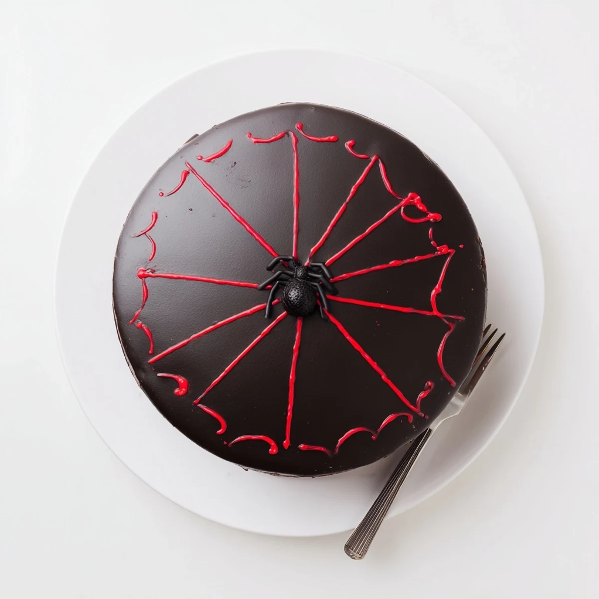 Decadent Hidden Horror Black Widow Cake dripping with black cocoa ganache and edible spider decorations on top