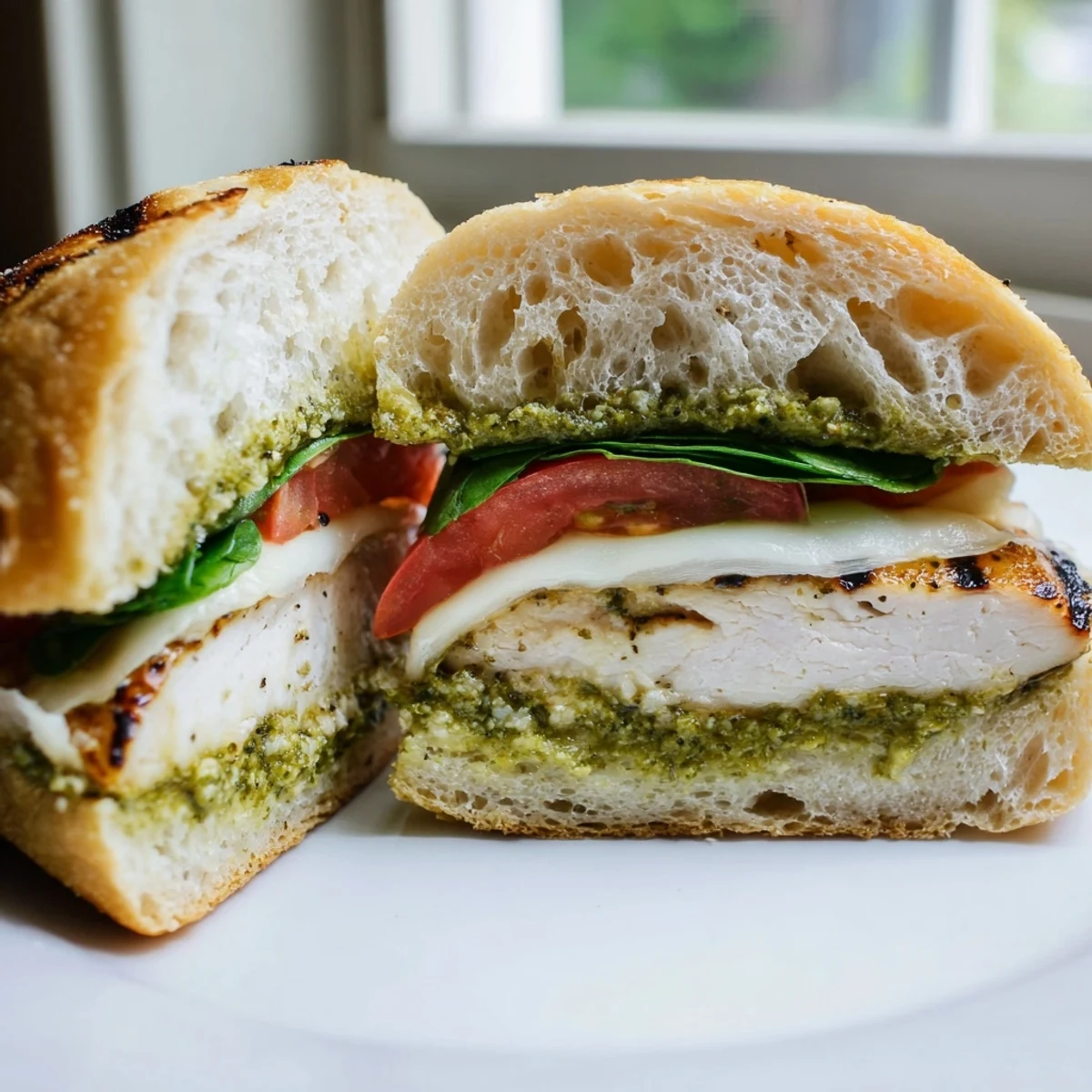 Golden grilled chicken and melty mozzarella on a toasted chicken pesto sandwich recipe