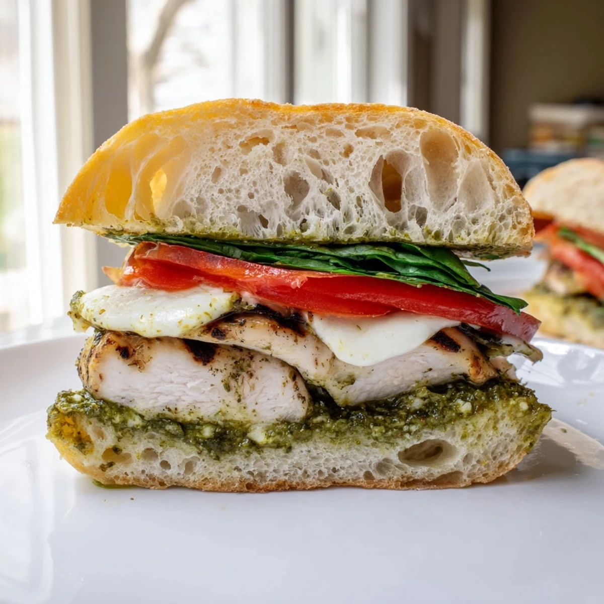 Sliced tomato and fresh basil pesto layer this warm chicken pesto sandwich recipe
