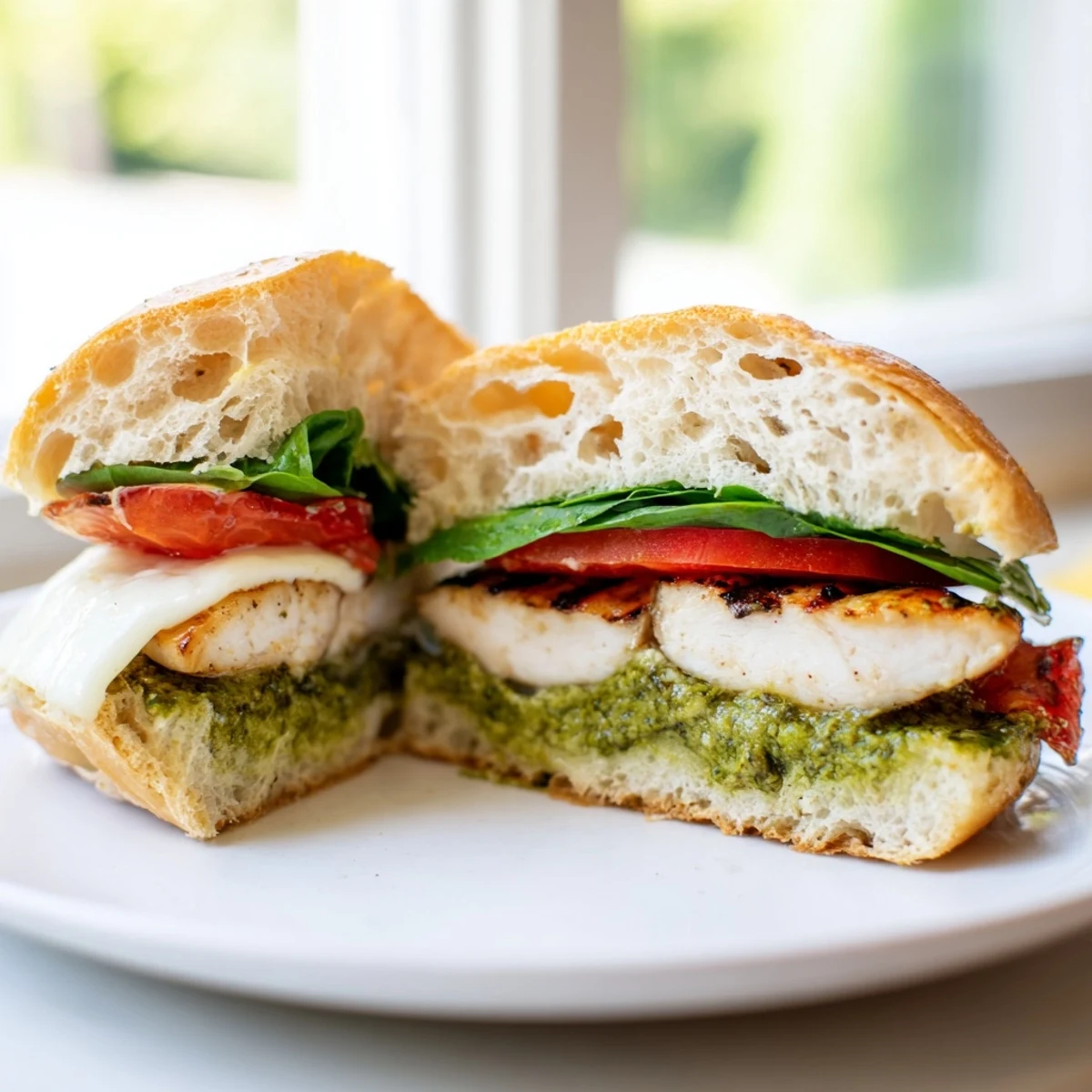 Ciabatta roll stuffed with juicy chicken, gooey cheese in a chicken pesto sandwich recipe