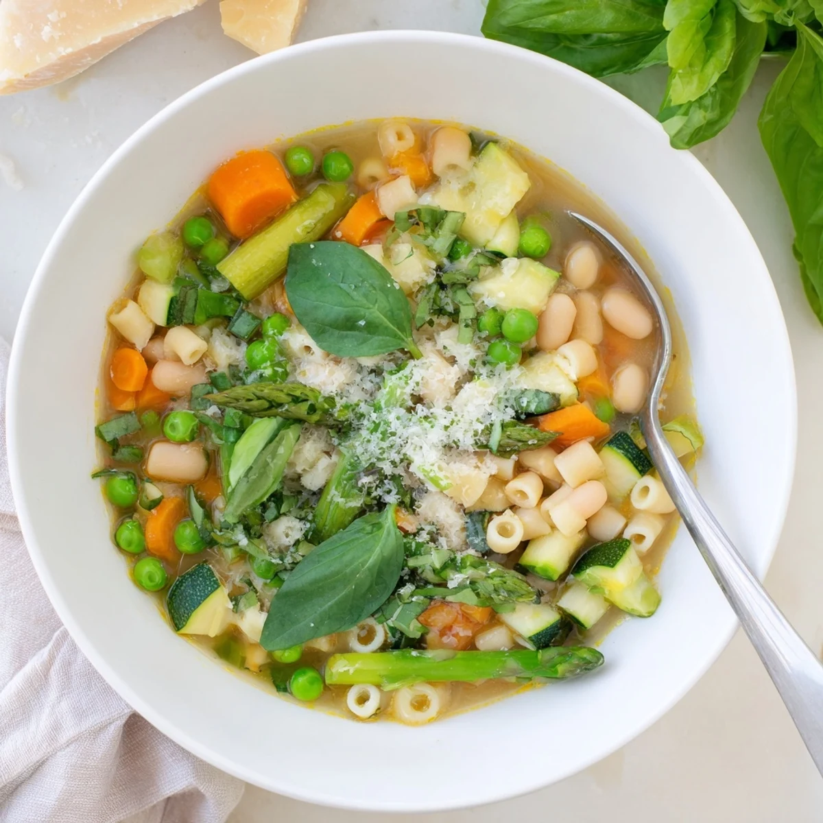 Steaming bowl of spring minestrone soup with tender pasta and bright green vegetables