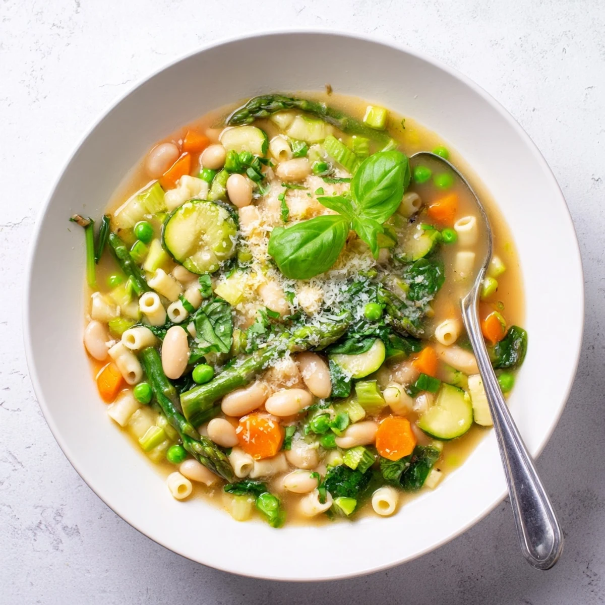 Colorful spring minestrone soup featuring asparagus peas and ditalini pasta in vegetable broth
