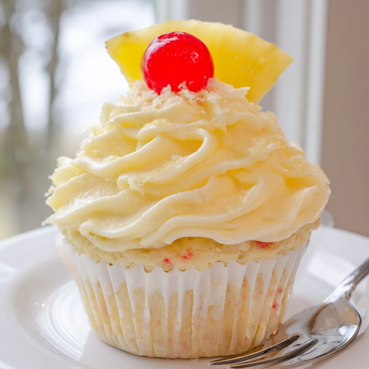 Golden Dole Whip Cupcakes topped with swirls of creamy pineapple whipped frosting and a cherry garnish