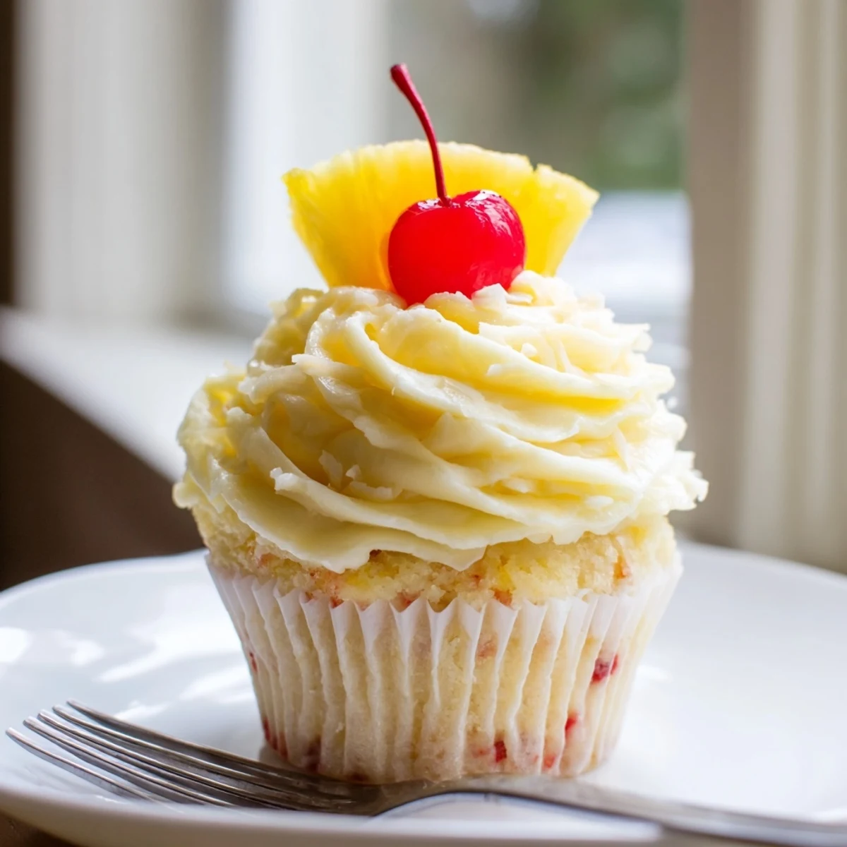 A tray of freshly baked Dole Whip Cupcakes with fluffy pineapple frosting and pineapple wedge toppers
