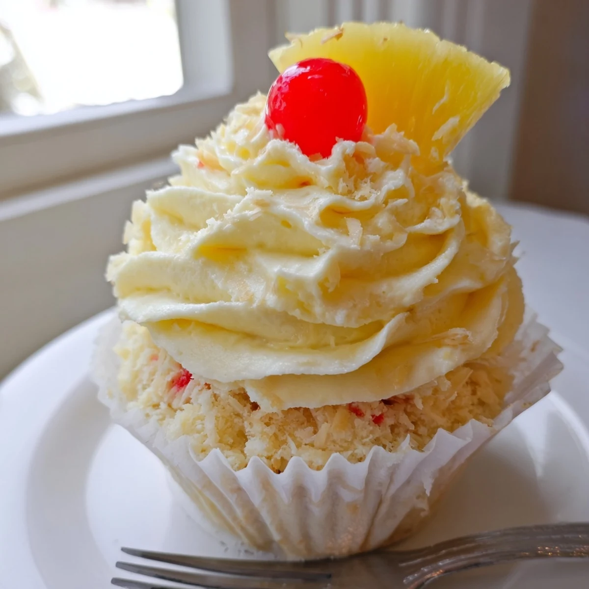 Moist pineapple-infused Dole Whip Cupcakes piled high with light yellow whipped cream on a white plate