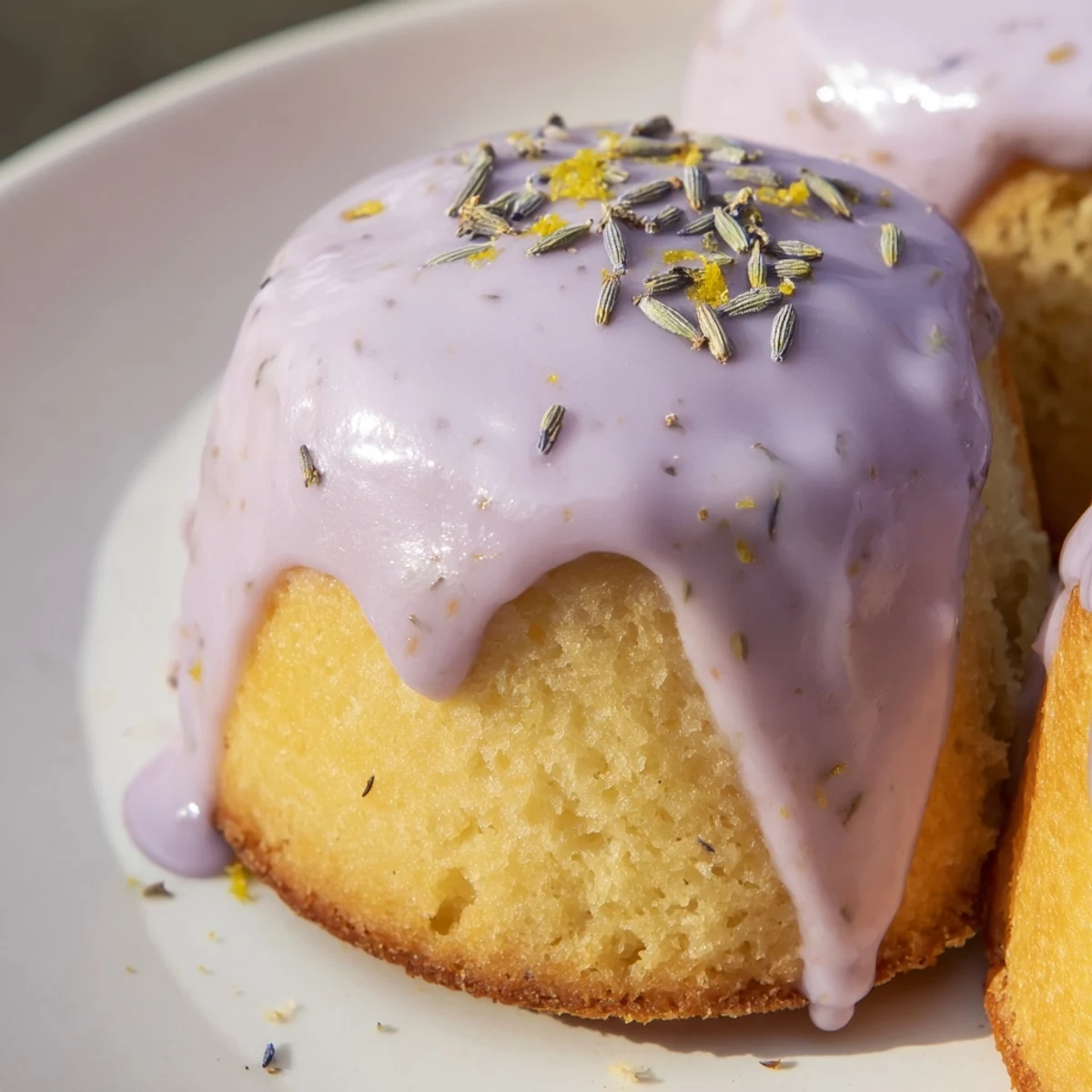 A batch of mini lemon cakes with lavender glaze ready for afternoon tea