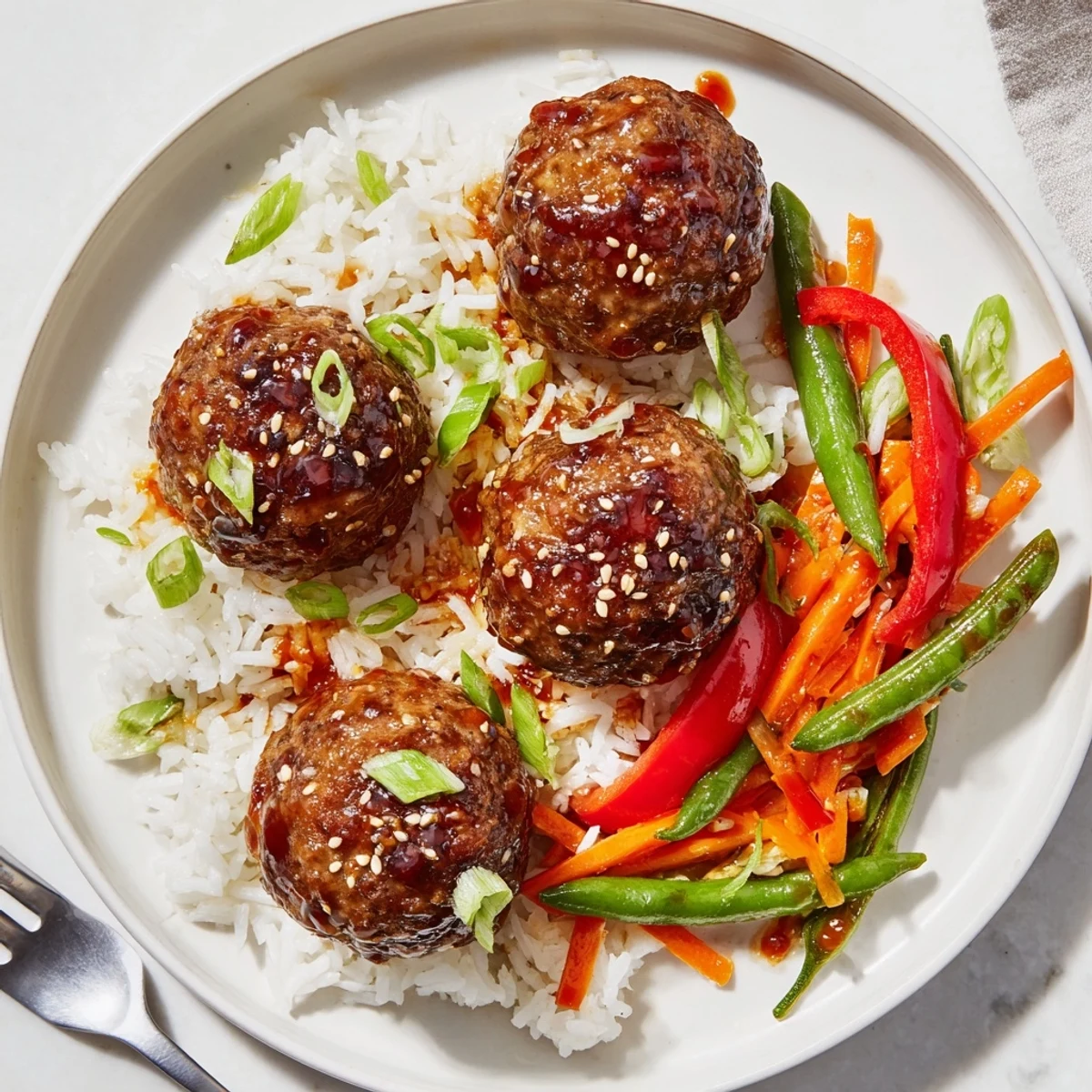 Hello Fresh Firecracker Meatballs glazed in sticky red sauce over jasmine rice