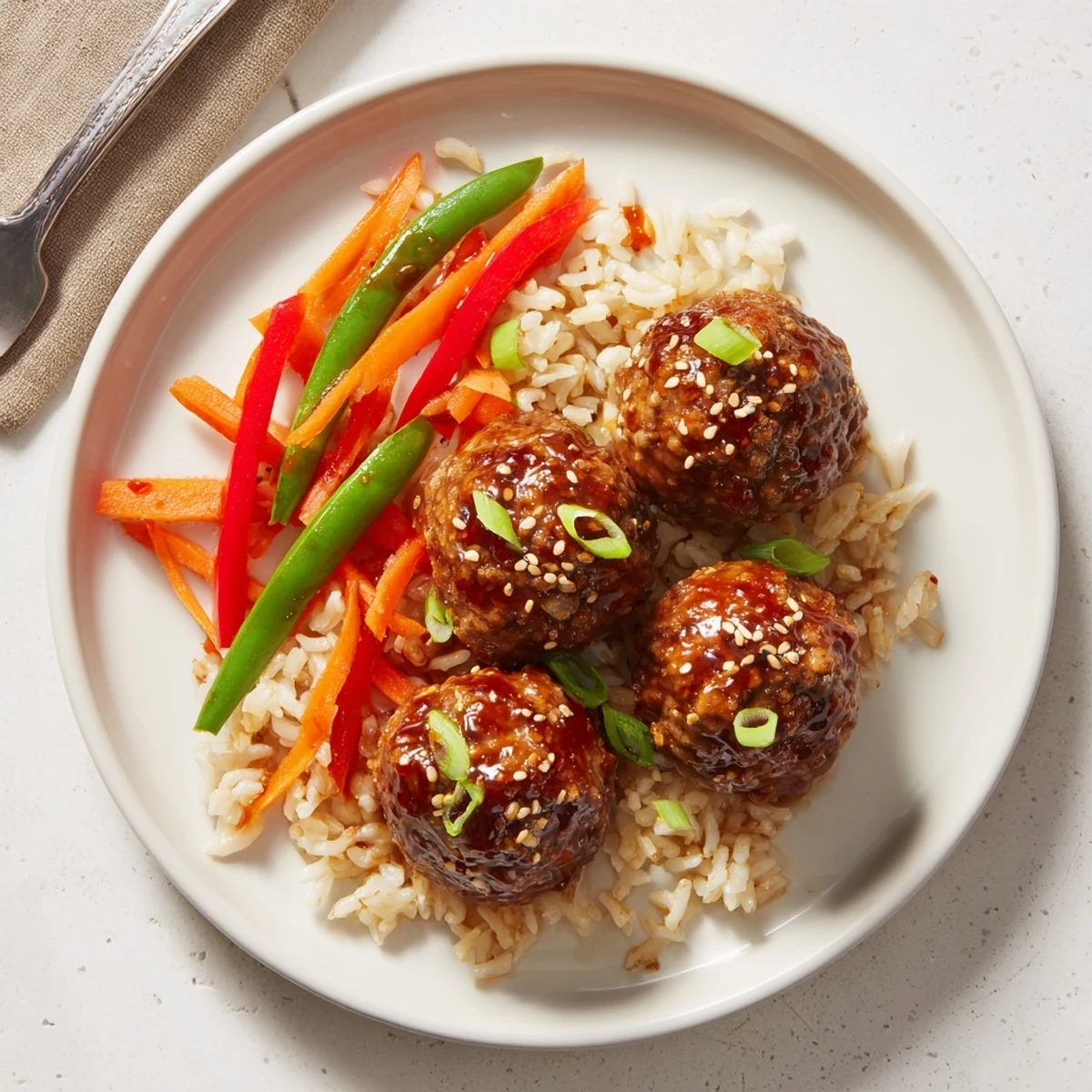 Plate of Hello Fresh Firecracker Meatballs with sautéed veggies and sesame