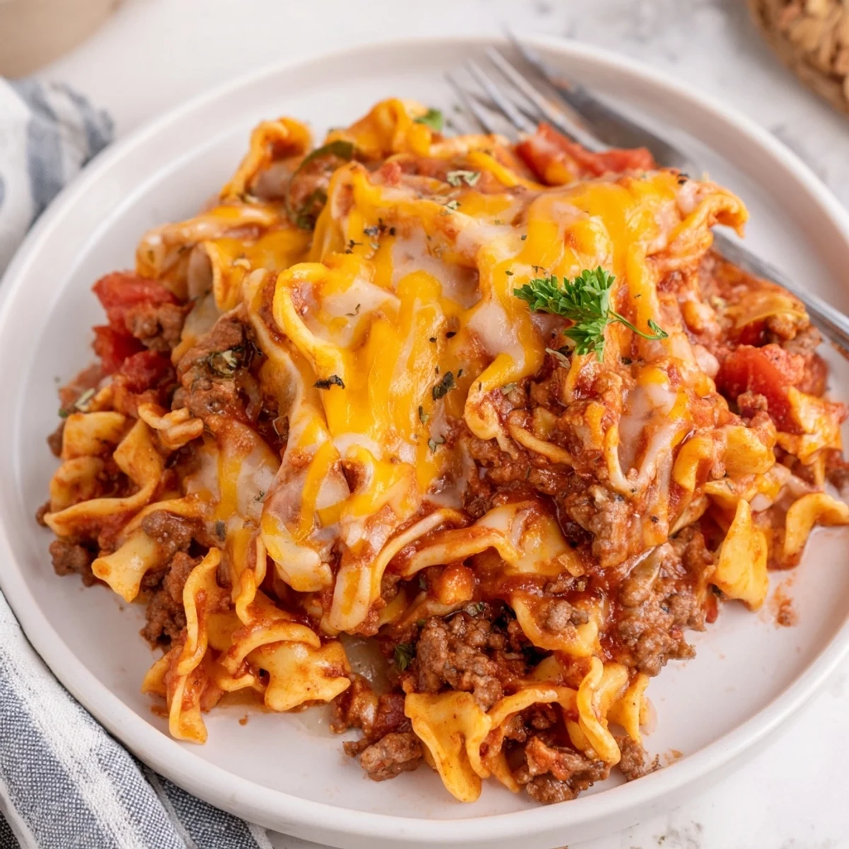 Beef Noodle Casserole bubbling with melted cheddar, golden edges, parsley garnish