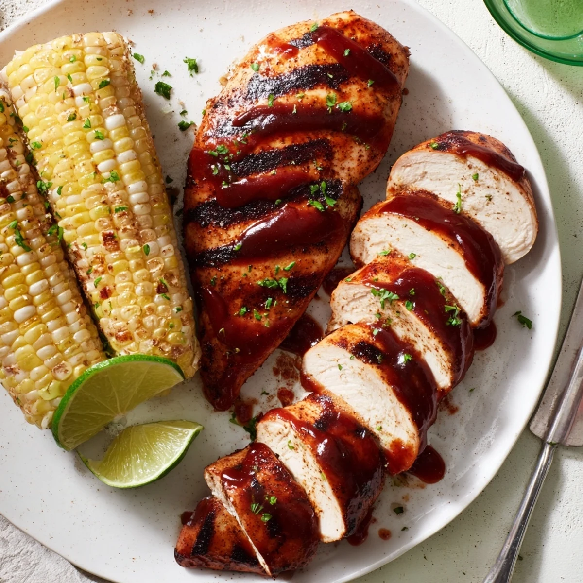 BBQ Chicken With Corn glistening with sauce, charred grill marks, lime wedges