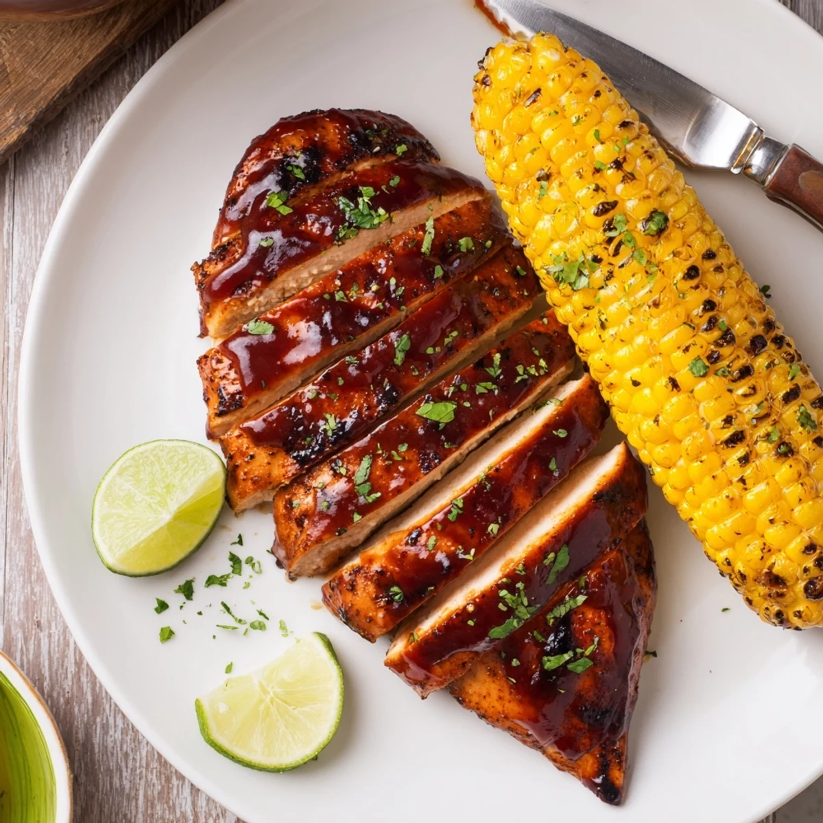 Grilled BBQ Chicken With Corn served hot with buttered kernels and parsley