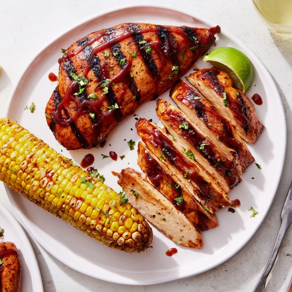 Smoky BBQ Chicken With Corn on the cob, juicy slices, picnic-ready plating