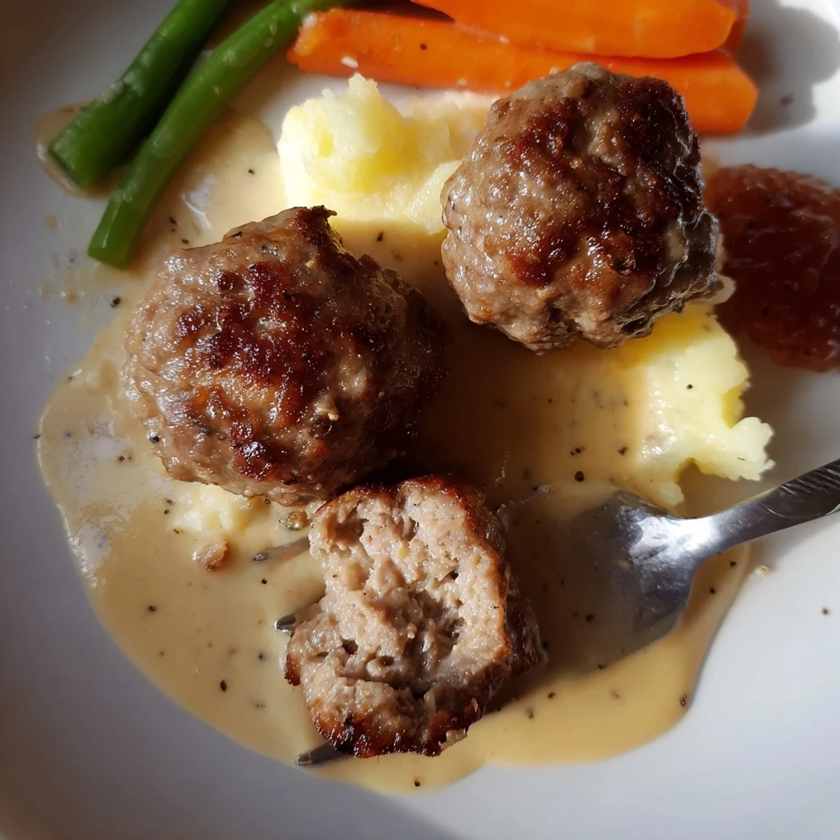 Homemade Ikea Meatballs simmering in creamy gravy, served over mashed potatoes