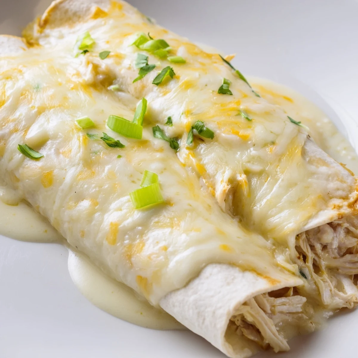 Creamy White Chicken Enchiladas bubbling in casserole, golden edges and melted cheese