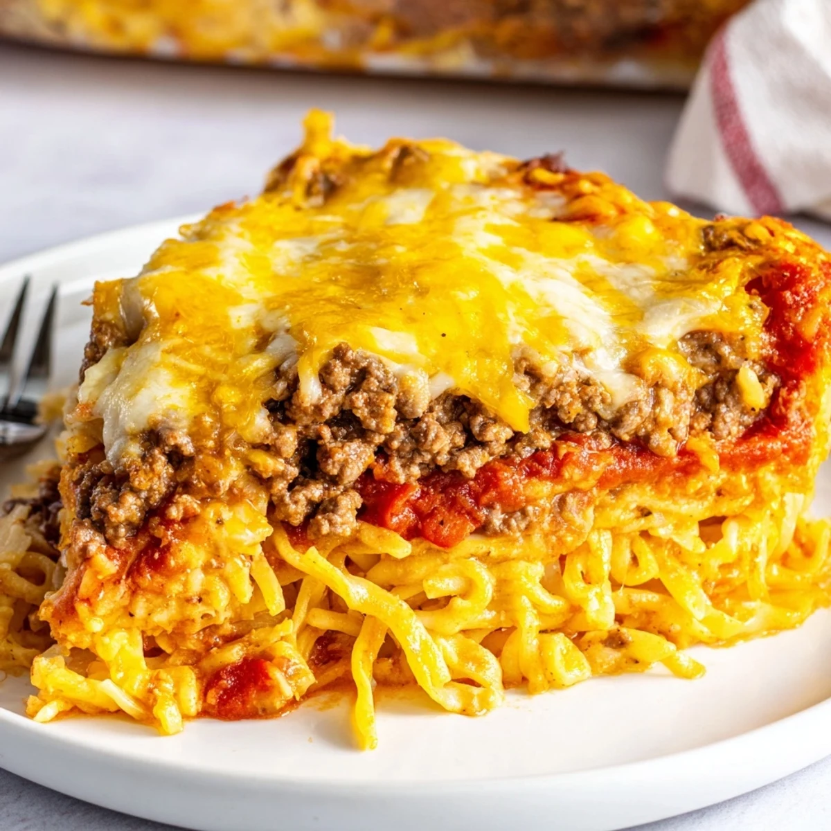 Beef Lombardi Casserole bubbling golden, cheddar crust and tomato scented beef filling