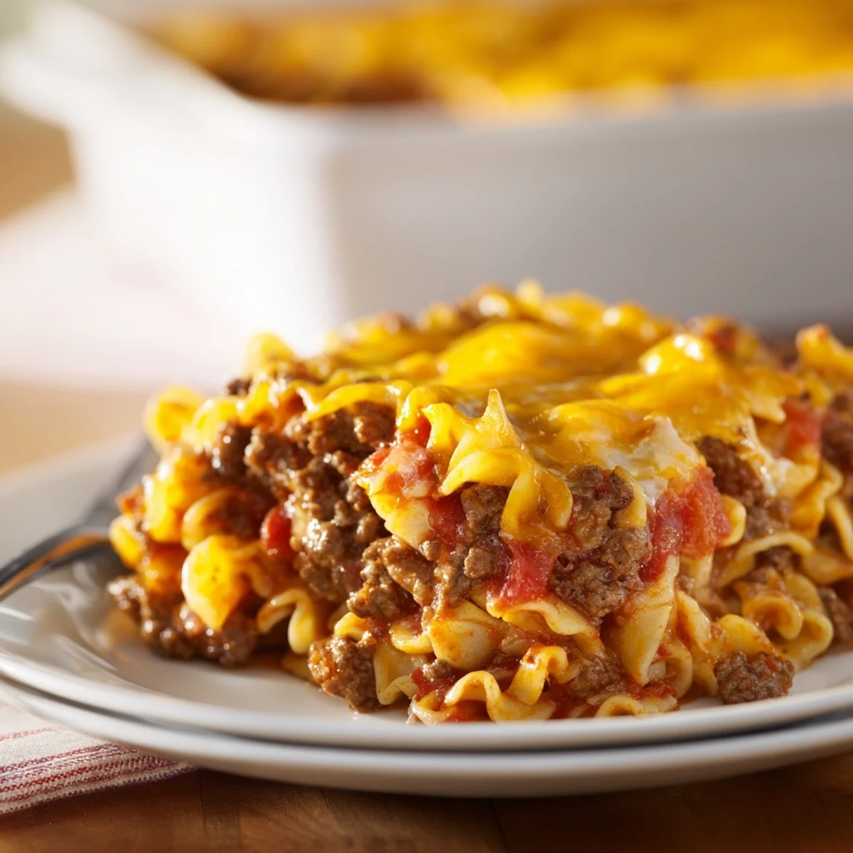 Slice of Beef Lombardi Casserole on plate beside salad and crusty bread