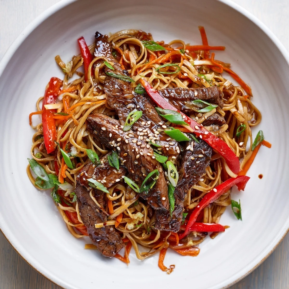 Sticky Beef Noodles glisten with glossy sauce, tender beef and sesame garnish